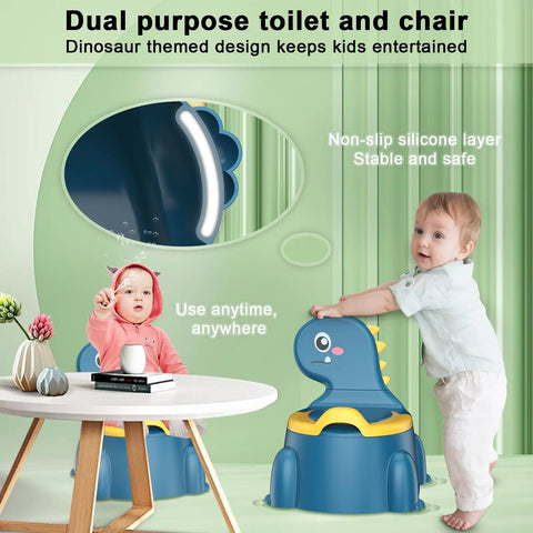 Toddler Potty Training Seat With Dinosaur Design And Portable Travel Potty Chair For Little Ones Featuring Quick Snap Lid Splash Guard Non Slip Base And Sturdy Legs For No Fuss Potty Practice Blue