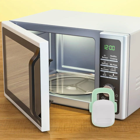 Safety Oven Lock Kit for Kitchen Appliances 4 Pack ABS Cabinet Latches Durable Sturdy Craftsmanship Child Proof Easy Install Microwave Oven Refrigerator and Cabinet Doors shown in use on microwave door.
