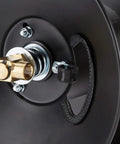 Close-up of Retractable Air Hose Reel For Three Eighths Inch Hoses, Fifty Feet, Portable Black Reel With Auto Rewind fitting.