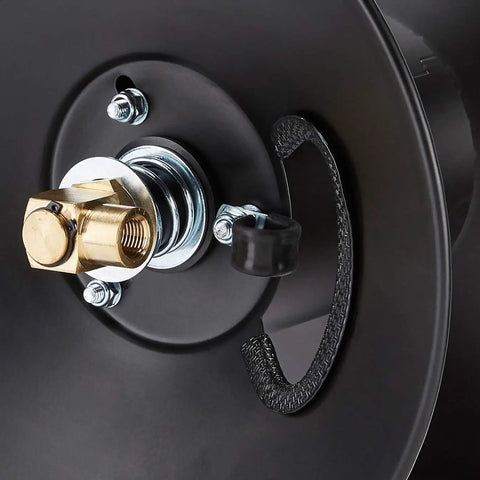 Close-up of Retractable Air Hose Reel For Three Eighths Inch Hoses, Fifty Feet, Portable Black Reel With Auto Rewind fitting.