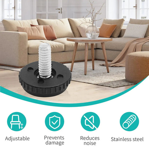 Stainless Steel Adjustable Furniture Feet One Quarter Twenty Thread Screwed In Levelers with easy glide feature in living room setting.