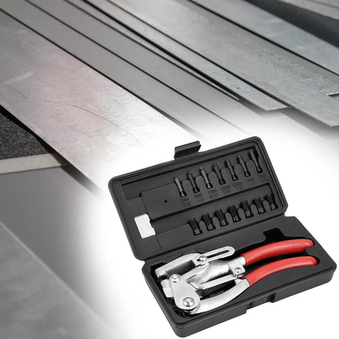 Heavy Duty Metal Hole Punch Kit With Chrome Vanadium Steel Punches displayed in open black case on sheet metal background