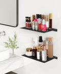 Slick 8 Inch Small Floating Wall Shelves, Heavy Duty Metal Wall Mounted Storage for Bathroom Bedroom Living Room, Dope Minimalist Black Display Racks for Books Room Decor Two Pack holding beauty products in a bathroom.