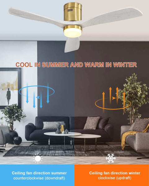 52 Inch Modern Ceiling Fan With Light And Remote, Quiet DC Motor, Six Speeds, Flush Mount, Solid Wood Blades For Cozy Bedroom Or Farmhouse Patio.