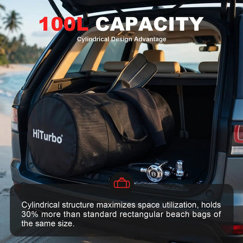 100L Duffel Scuba Bag For Diving And Watersports in car trunk, showcasing large mesh gear tote with fins, wetsuit, regulator