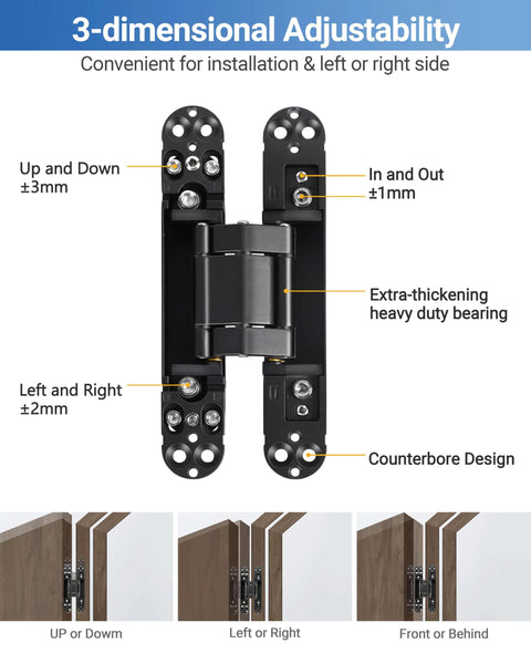 Upgraded Invisible Door Hinges 2 Pack Black 6 Inch Concealed Hidden Hinges For Doors With 3 Way Adjustable And 180 Degree Swing