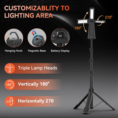 Rechargeable Camping Light With Stand Cordless Work Light With Three Led Heads And 5500 Lumens Dimmable Brightness 15000mAh Battery