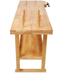 Side view of a 60 Inch Solid Rubberwood Workbench With Two Smooth Sliding Drawers And A Wide Open Bottom Shelf for tool storage.