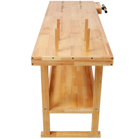 Side view of a 60 Inch Solid Rubberwood Workbench With Two Smooth Sliding Drawers And A Wide Open Bottom Shelf for tool storage.