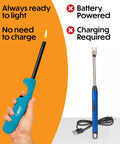 Long Wand Utility Lighters 4 Pack In Assorted Colors For Grills Fireplaces And Candles Durable Metal Shaft Safe Reach Refillable Multi Purpose Lighters For Quick Starts And Everyday Fire Needs shown with no battery, always ready caption.