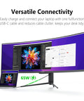 Curved 49 Inch Ultrawide Gaming Monitor With 144Hz Refresh Rate And 32 By 9 Aspect 3840 By 1080 Resolution HDR400 connected to a laptop
