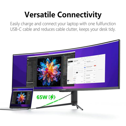 Curved 49 Inch Ultrawide Gaming Monitor With 144Hz Refresh Rate And 32 By 9 Aspect 3840 By 1080 Resolution HDR400 connected to a laptop