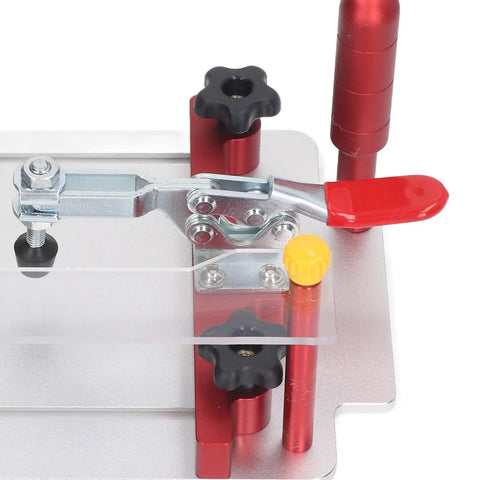 Pro Grade Woodworking Coping Sled With Adjustable 0 To 48mm Fixture And Clamp, detailed top view showing clear acrylic board