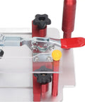 Close-up of Heavy Duty Aluminum Rail Coping Sled For Router Table Pro Grade Adjustable mechanism, clamps, and red handle.