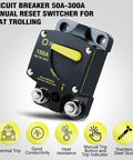 Manual Reset Circuit Breaker 300A High Amperage Switch For Truck Boat Trolling Motor Car Stereo Systems Solar Panels Battery Backup And RV Power Distribution Blocks Rig Ready with yellow reset button and stainless steel studs.