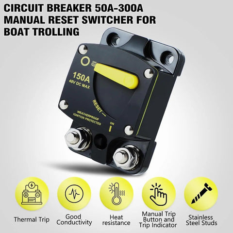 Manual Reset Circuit Breaker 300A High Amperage Switch For Truck Boat Trolling Motor Car Stereo Systems Solar Panels Battery Backup And RV Power Distribution Blocks Rig Ready with yellow reset button and stainless steel studs.
