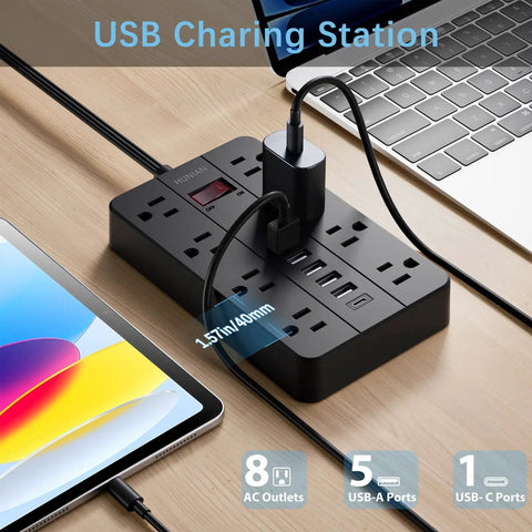 Flat Plug Power Strip With 8 Widely Spaced Outlets 10 Ft Extension Cord And 6 USB Ports Including 1 USB C Port on desk