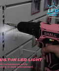Close-up of pink 12V electric drill with built-in LED light illustrating use in dark environments.