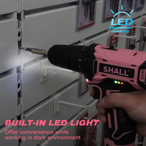 Close-up of pink 12V electric drill with built-in LED light illustrating use in dark environments.