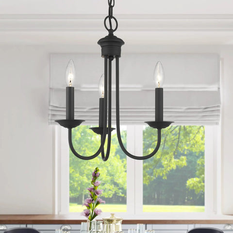 Three Light Black Steel Chandelier For Home Decor With Classic Estate Style Vibe Vintage Inspired Ceiling Fixture Durable Black Finish Perfect For Living Room Or Bedroom Soft Lighting Easy Hardwire Install Elevates Any Space in dining room