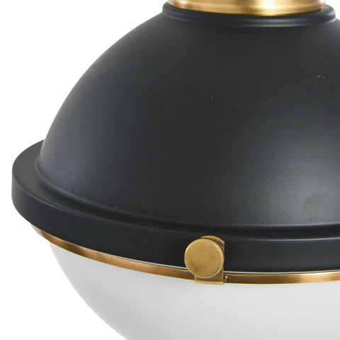 Close-up of Dope Mid Century Inspired 2-Tone Ceiling Light with frosted glass, matte black shade, and natural brass accents.