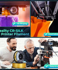 Creality CR-SILK 3D Printer Filament being used for precise decorative prints in purple and orange, showing good adhesion and easy use.
