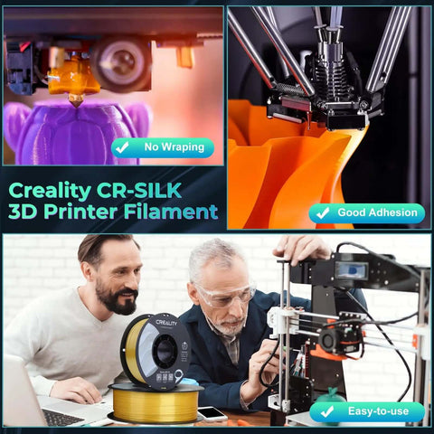 Creality CR-SILK 3D Printer Filament being used for precise decorative prints in purple and orange, showing good adhesion and easy use.