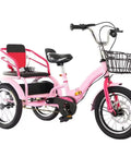 Pink folding tricycle with rear passenger seat for adults, three wheel pedal rickshaw, adjustable handlebar, front disc brake.