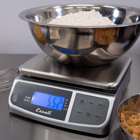 Heavy Duty Spill Proof Digital Kitchen And Industrial Scale With 66 Lb Capacity Dual Front And Rear Display Stainless Steel NSF Certified Pro Grade Precision For Everyday Kitchen And Heavy Duty Use with bowl on top.