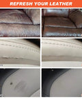 Before and after images showing Heavy Duty Leather Filler And Repair Paste 4.5 Oz fixing worn leather couches and car seats.