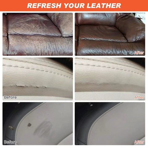 Before and after images showing Heavy Duty Leather Filler And Repair Paste 4.5 Oz fixing worn leather couches and car seats.