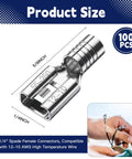 100 Piece Heavy Duty Female Spade Connectors 12 To 10 Gauge Non Insulated Crimp Terminals close-up showing 1/4 inch width and compatibility details.