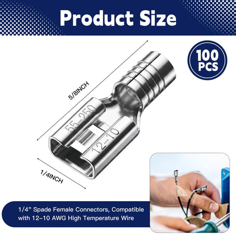 100 Piece Heavy Duty Female Spade Connectors 12 To 10 Gauge Non Insulated Crimp Terminals close-up showing 1/4 inch width and compatibility details.