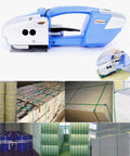 Electric Strapping Machine For Half To Five Eighths Inch Wide PP PET Straps Auto Heat Melt Sealer Dual 4000mAh Batteries Time Saver Rechargeable Pallet Packaging Banding Tool on pallet bundles