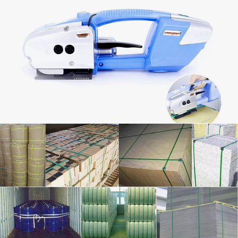 Electric Strapping Machine For Half To Five Eighths Inch Wide PP PET Straps Auto Heat Melt Sealer Dual 4000mAh Batteries Time Saver Rechargeable Pallet Packaging Banding Tool on pallet bundles