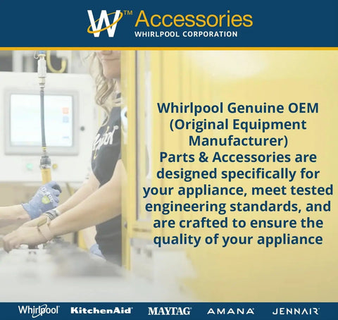 Whirlpool Genuine OEM Parts advertisement with focus on FreshFlow Refrigerator Air Filter Carbon Odor Busting Replacement