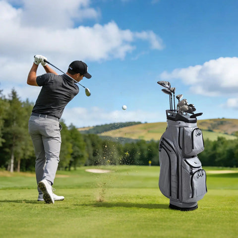 Golfer on course with 15 Way Top Divider Golf Cart Bag With Full Length Dividers Rain Hood Grip Locking Bottom 600D Polyester.