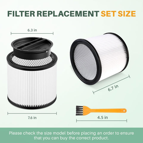 Reusable Wet Dry Vacuum Filter Replacement For Shop Vac 90304 90333 90350 set size diagram with HEPA cartridge and brush