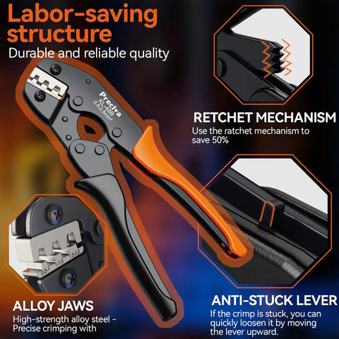Workhorse Ratcheting Wire Crimping Tool With AWG 22 To 14 Carbide Jaws And Solid Grip for precise crimping on spade connectors.