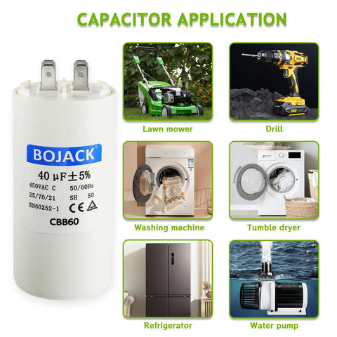 CBB60 40uF 450V AC Round Run Start Capacitor For Motors 50 60Hz Explosion Proof, applications in appliances and lawn equipment