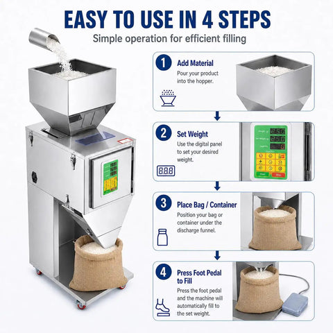Smooth Operator Automatic Bag Weighing And Packing Filler With Dual Vibration Feed and Foot Pedal Switch for precise filling steps.