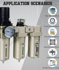 Pro Grade Heavy Duty 1/2 Inch NPT Air Compressor Dryer With 3 Stage Water And Oil Separator showing filtration and pressure gauge.
