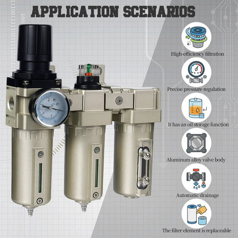 Pro Grade Heavy Duty 1/2 Inch NPT Air Compressor Dryer With 3 Stage Water And Oil Separator showing filtration and pressure gauge.