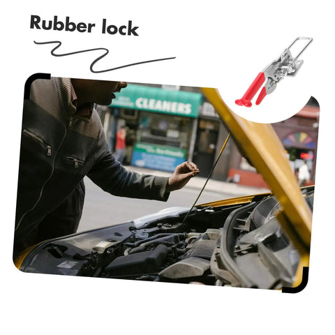 Person using Heavy Duty Rubber T Handle Draw Latches with Flexible Grip for Hood Locking on an open car hood.