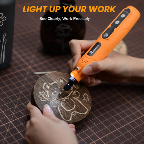 Cordless Mini Rotary Tool Kit 4V 23000RPM With LED Light engraving on a wooden surface, displaying precision in detailed work.