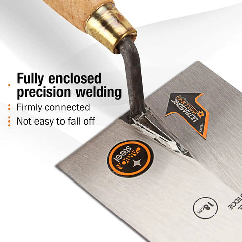 Close-up of Narrow Bucket Pro Grade Heavy Duty Brick Trowel With Wooden Handle Square Tip, showing solid forged steel blade welding detail