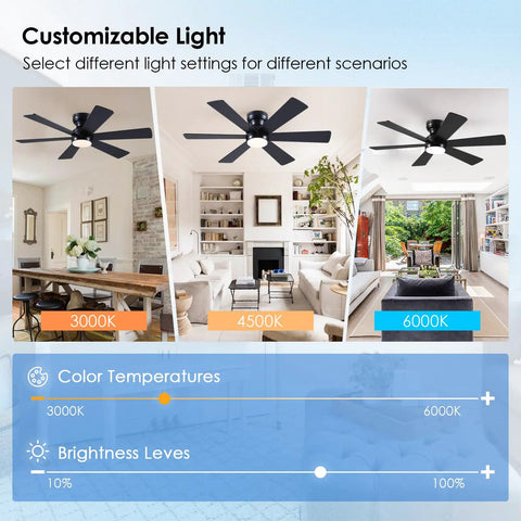 46 Inch Low Profile Ceiling Fan With Light And Remote Control, Black Modern Flush Mount Design shown in different room settings