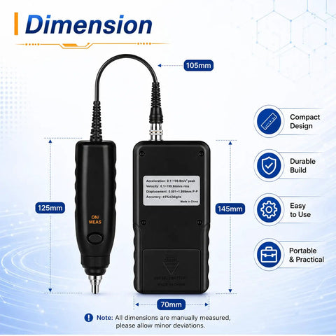 3 In 1 Digital Vibration Meter Vibrometer For Shop Floor Diagnostics, Real Time Vibration Analysis, Piezoelectric Sensor Vibe Checker, Rotating And Reciprocating Equipment Monitor, Pro Grade Tool showing 145mm unit and 125mm probe, 70mm wide