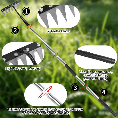 7-Tooth Iron Weeding Rake With Long Handle showing manganese head, thicker tines, and stainless steel handle features for gardening