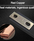Top Shelf Heavy Duty Bus Bar Connectors With Two Point Two Inch Pitch Row Red Copper Terminal Blocks Nickel Plated For Battery Wiring Rig Ready Setup Includes Zero Hassle M6 Hardware, showcasing a detailed view of a red copper bar.